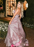 Shiny A-line V-neck Lilac Glitter Evening Gown