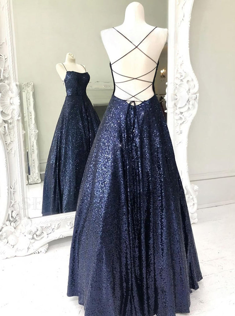 Shiny A-line Navy Blue Sleeveless Long Prom Dress With Sequins, Evening Gown