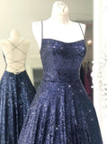 Shiny A-line Navy Blue Sleeveless Long Prom Dress With Sequins, Evening Gown