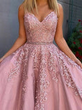 Pretty  A-Line Two Pieces Pink Lace Tulle Prom Dress