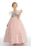 Pink Tulle Ruffles Sequins Flower Girl Dresses With Beading