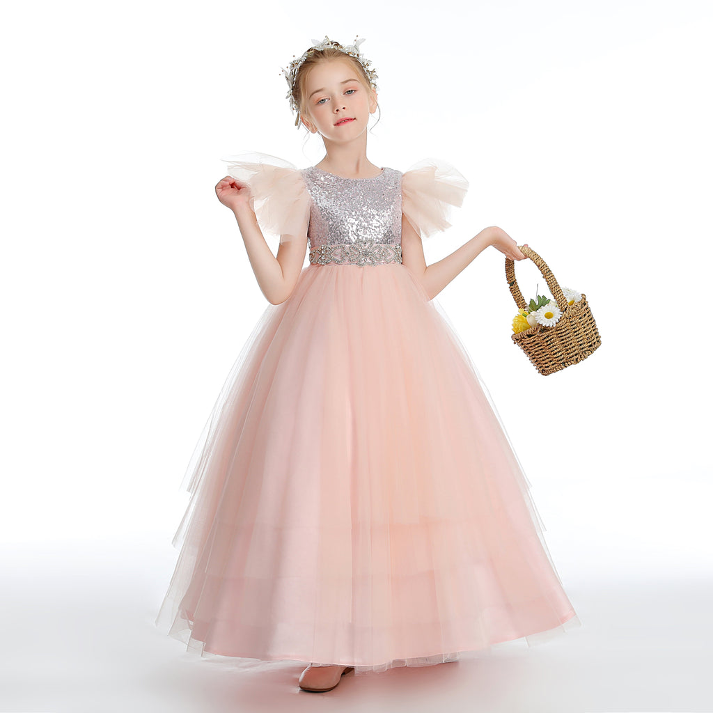 Pink Tulle Ruffles Sequins Flower Girl Dresses With Beading