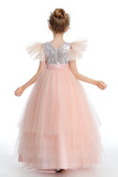 Pink Tulle Ruffles Sequins Flower Girl Dresses With Beading