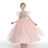 Pink Tulle Ruffles Sequins Flower Girl Dresses With Beading