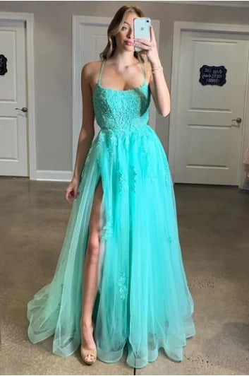 Turquoise Spaghetti Straps Appliqued Backless Evening Dress Split  Long Prom Dress