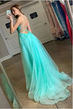 Turquoise Spaghetti Straps Appliqued Backless Evening Dress Split  Long Prom Dress