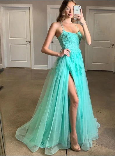 Turquoise Spaghetti Straps Appliqued Backless Evening Dress Split  Long Prom Dress