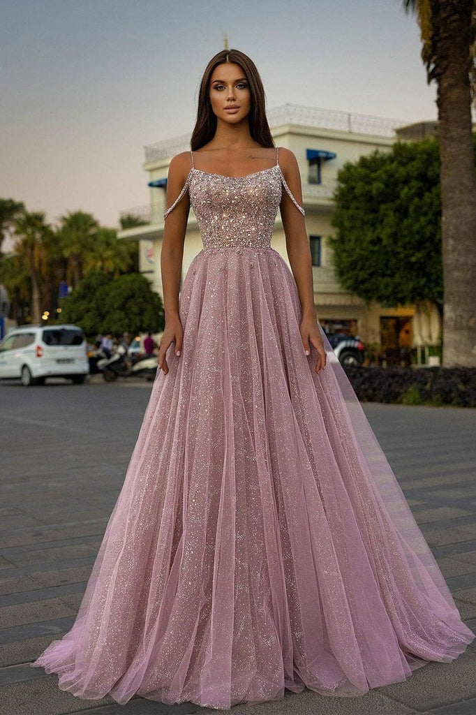 A-Line Sparkling Party Dress Spaghetti-Straps Tulle Long Prom Dress With Sequins Beads