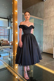 Little Black Dress Satin Tea-Length Party Dress Off-the-Shoulder  Prom Dress