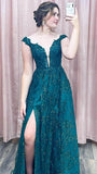 A Line Off the Shoulder Dark Green Lace  Formal Evening Gowns Long Prom Dresses