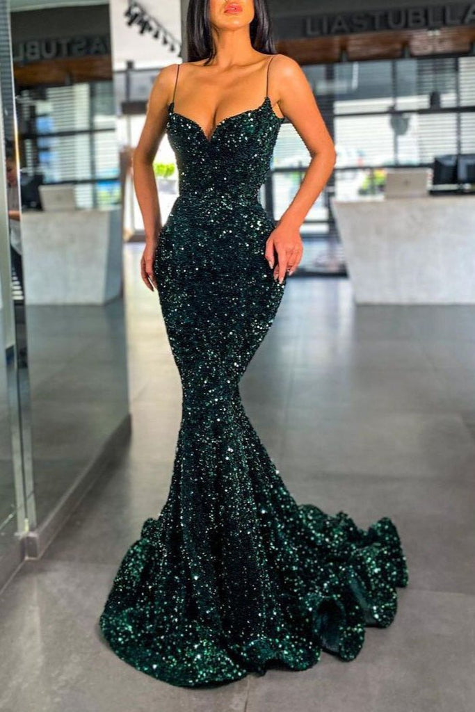 Spaghetti strap Dark Green Sequins Long Prom Dress Mermaid