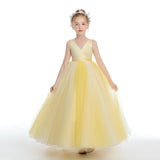 V Neck Tulle Yellow Sleeveless Flower Girl Dresses