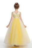 V Neck Tulle Yellow Sleeveless Flower Girl Dresses