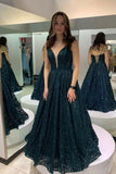 Deep V Neck Dark Green Sequins A line Shiny Lace Evening Dress  Long Prom Dress