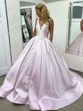 V-Neck Ball Gown Long Lace Light Pink Satin Appliques Evening Dresses Prom Dresses