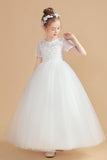 Tulle Ivory Short Sleeves Flower Girl Dresses With Lace Appliques