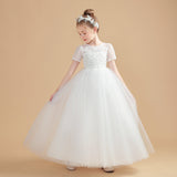 Tulle Ivory Short Sleeves Flower Girl Dresses With Lace Appliques