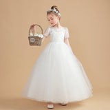 Tulle Ivory Short Sleeves Flower Girl Dresses With Lace Appliques