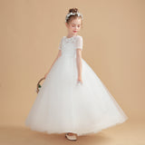 Tulle Ivory Short Sleeves Flower Girl Dresses With Lace Appliques