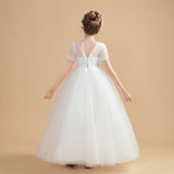 Tulle Ivory Short Sleeves Flower Girl Dresses With Lace Appliques