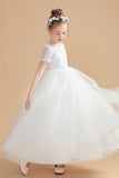 Tulle Ivory Short Sleeves Flower Girl Dresses With Lace Appliques