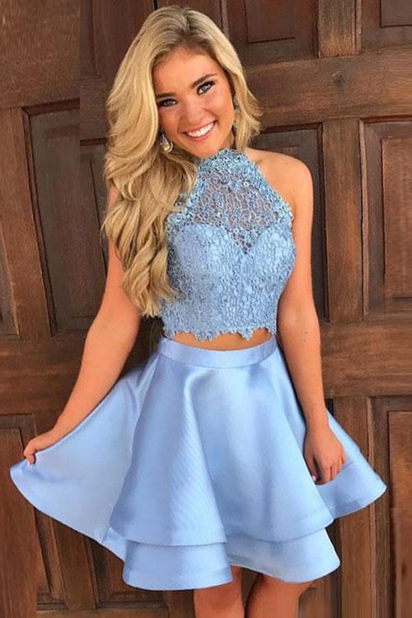 2 Pieces Grey Lace Open Back Short Prom Dresses Homecoming Dress Party Gowns