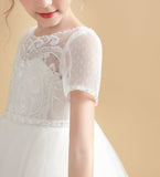 Tulle Ivory Short Sleeves Flower Girl Dresses With Lace Appliques