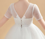 Tulle Ivory Short Sleeves Flower Girl Dresses With Lace Appliques