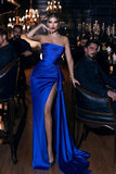 Royal Blue Mermaid Satin Elegant Party Dress Formal Dress Prom Dress Straps Long With Slit