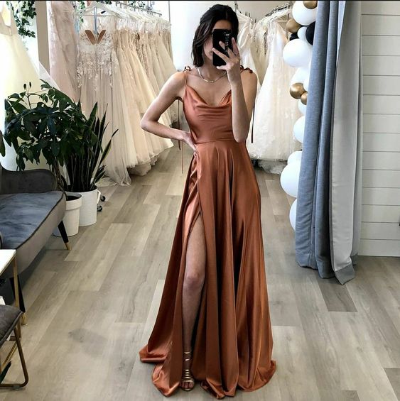 Simple Evening Party Dresses A Line Brown Long Prom Dress With Slit