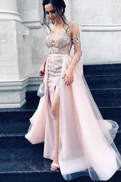 Pink  Evening Dresses  Long Sleeves Sexy Tulle Lace Appliques Mermaid Prom Dresses