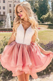 A-Line V-Neck Sleeveless Pink V Neck Homecoming Dress With Lace Sweet Short Prom Dresses