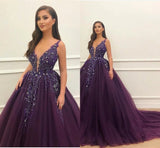 V-neck Floor-length Grape Elegant Tulle Ball Gown Prom Dresses