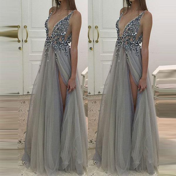 Grey Beads Long Backless Deep V Neck Prom Dress Evening Gown