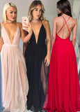 V Neck Pink Black Backless Saghetti Straps Deep Evening Gowns Prom Dress
