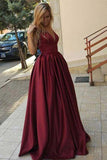Spaghetti Straps V Neck Burgundy Satin Prom Dresses Evening Dress Party Gown