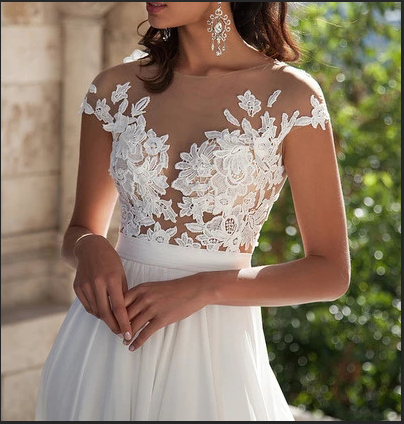 Top Cap Sleeves See Through Lace Slit Beach Wedding Dresses Bridal Gowns