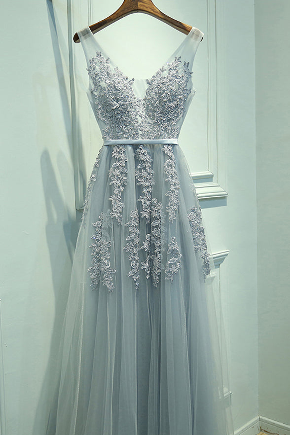 Grey Blue Off the Shoulder Lace Long Evening Gowns Prom Dresses