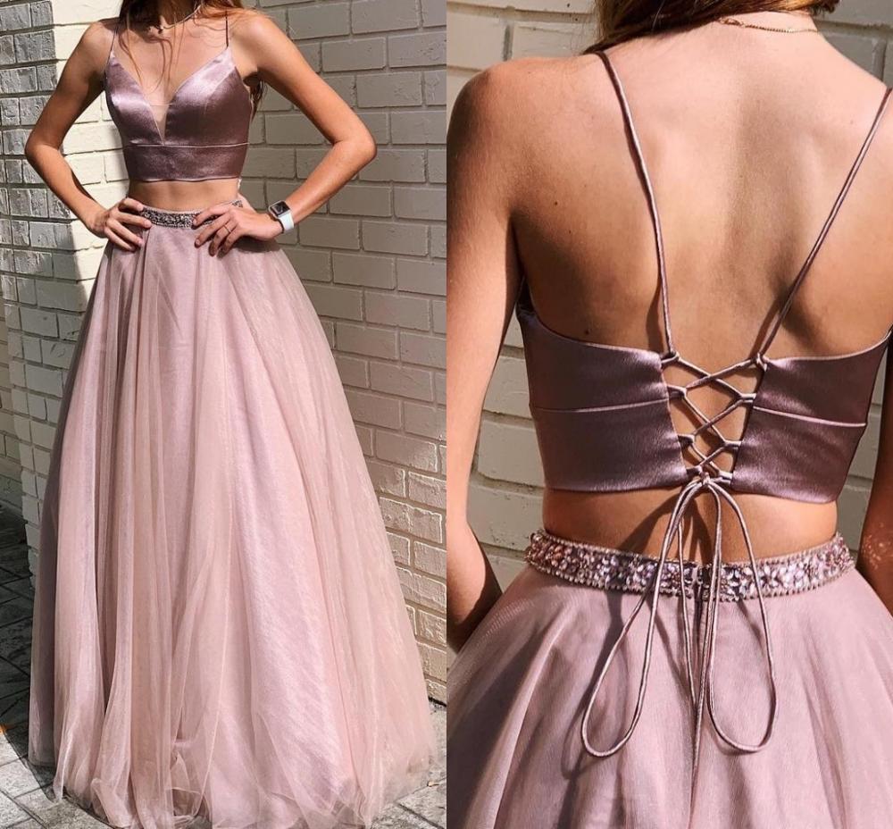 Beading Spaghetti Straps Pearl Pink A-Line Two Piece Sexy Tulle Prom Dresses