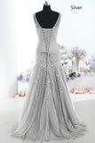 Silver Embroidery Mermaid Sleeveless Evening Party Gowns Prom Dress