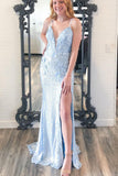 Light Blue  Floral Appliques Elegant Mermaid Sequin Long Prom Dress