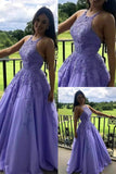 Graduation Evening Dress A Line Lace Appliques Laverder Formal Long Prom Dress