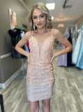 Cute Sheath Deep V-neck 3D Appliques Homecoming Dress