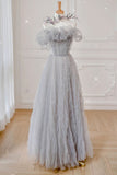 Gray Tulle A Line Formal Evening Dress Off the Shoulder Long Prom Dress