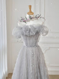 Gray Tulle A Line Formal Evening Dress Off the Shoulder Long Prom Dress