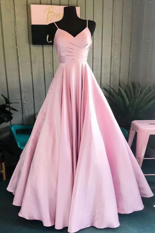 Spaghetti Straps V-neck A-line Pink Rushed Satin Long Prom Dresses