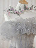 Gray Tulle A Line Formal Evening Dress Off the Shoulder Long Prom Dress