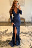 V-Neck Navy Blue Mermaid Sleeve Sequin Long  Prom Dresses