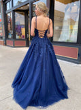 Charming A-line Navy Blue Tulle Long Prom Dresses, Evening Dresses