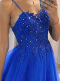 Shiny A-line Spaghetti Straps Blue Tulle Lace Prom Dresses